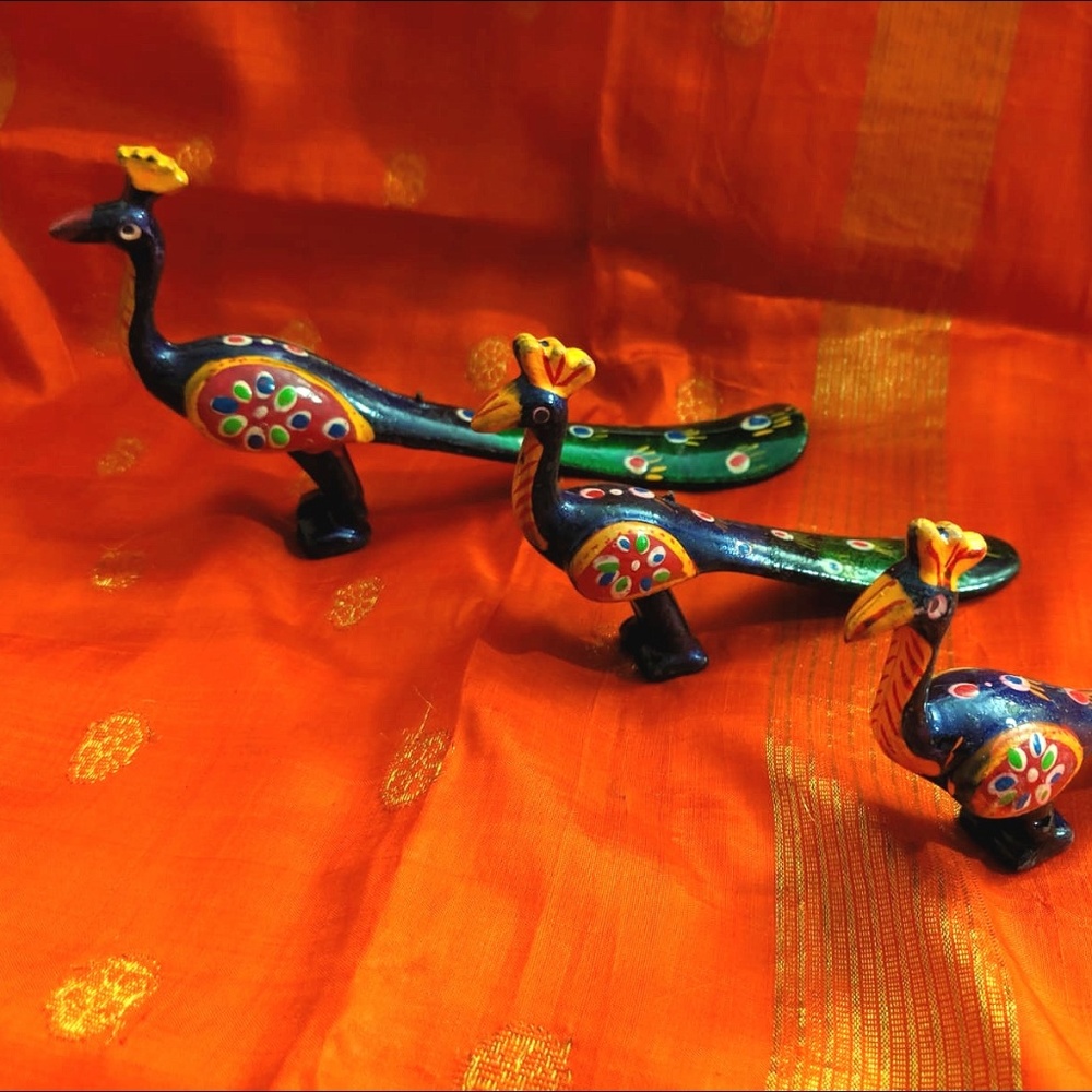 Indian wooden hand painted Peacock - set of 3